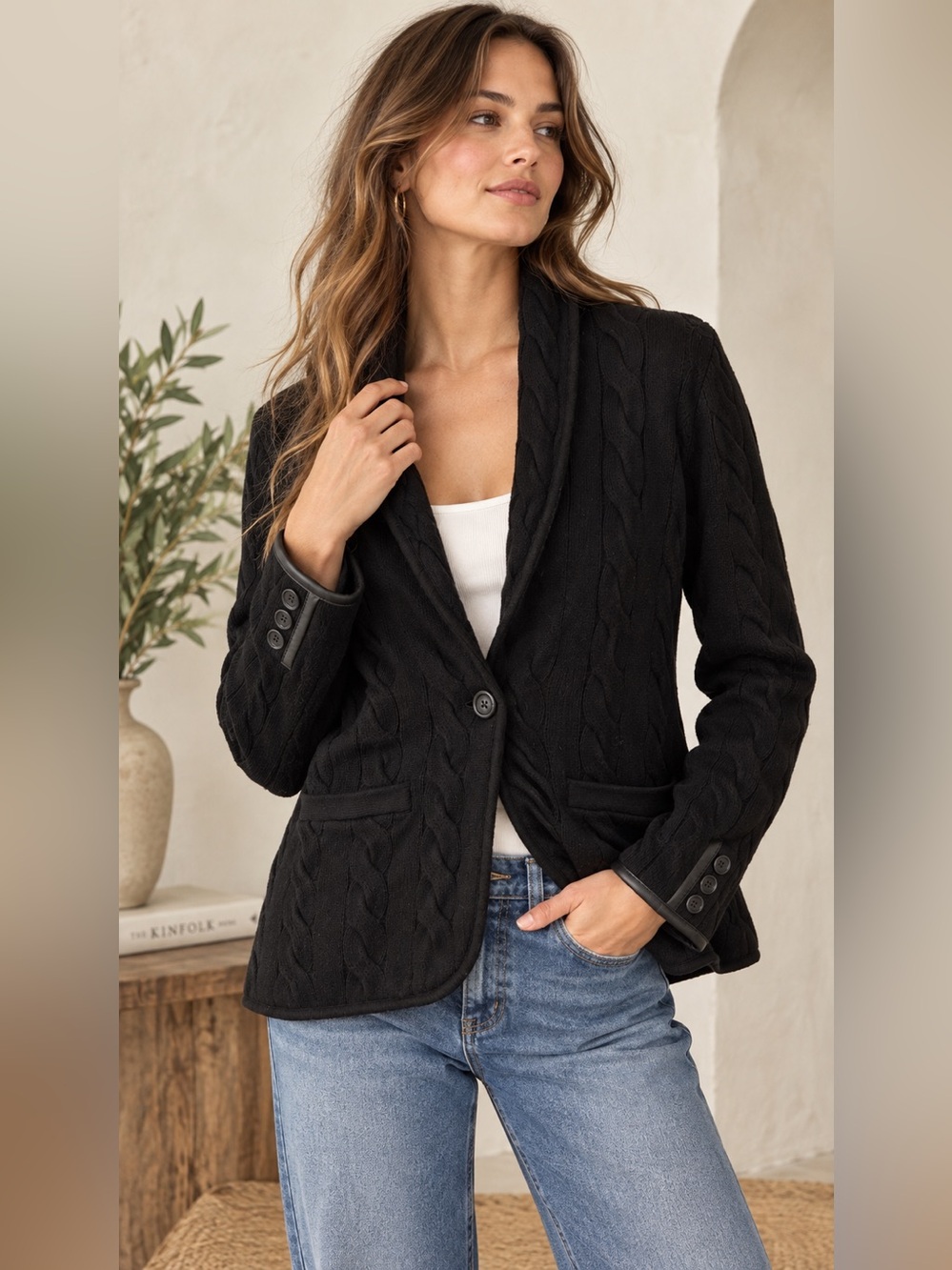 Talbots Cable Knit Sweater Blazer Women Small Black Wool Blend Leather Trim NWT